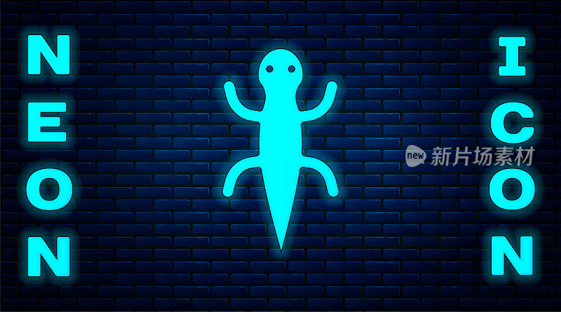 Glowing neon Lizard icon isolated on brick wall background. Vector